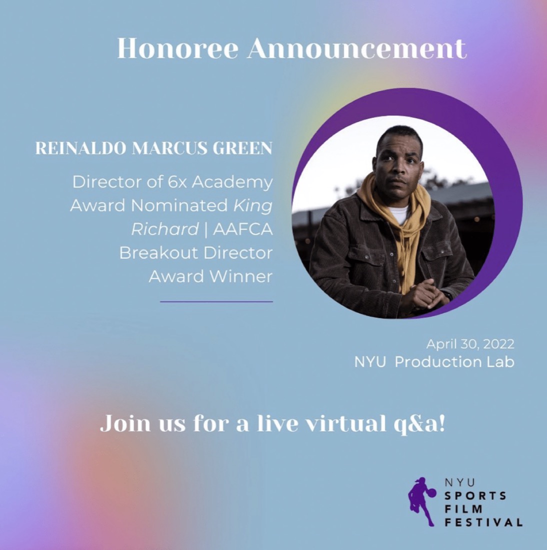 Honoree announcement for Reinaldo Marcus Green